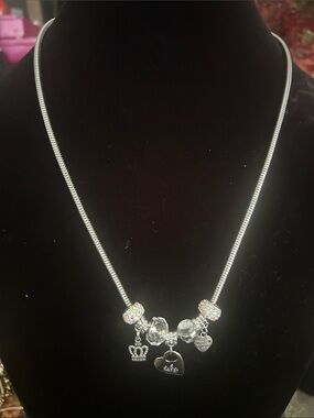 GG Silver Necklace with Crystal Rondelles and Crown & Heart Charms